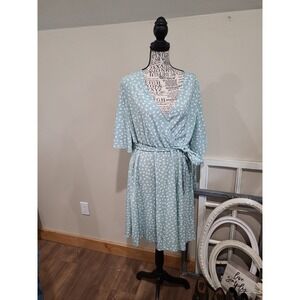 Dress‎ Women XL Sage green w/white, tie belt Elastic waist flutter sleeve